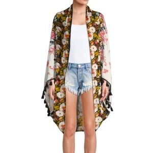 Free People Boho Floral Print Fringe Sleeve Open Front Kimono Shall Whimsical